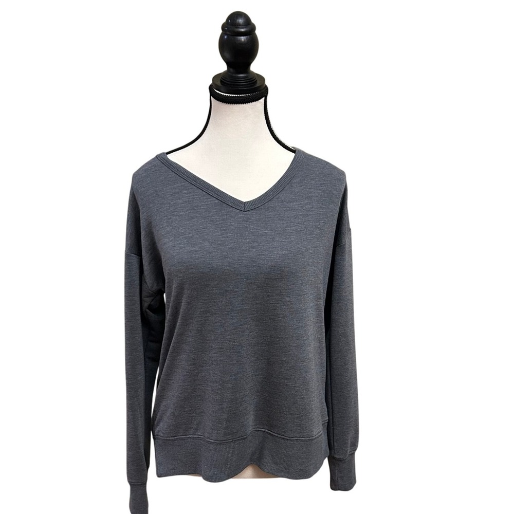 Freely Gray V Neck Long Sleeve Top‎ with Ladder Cutout Back - Women's